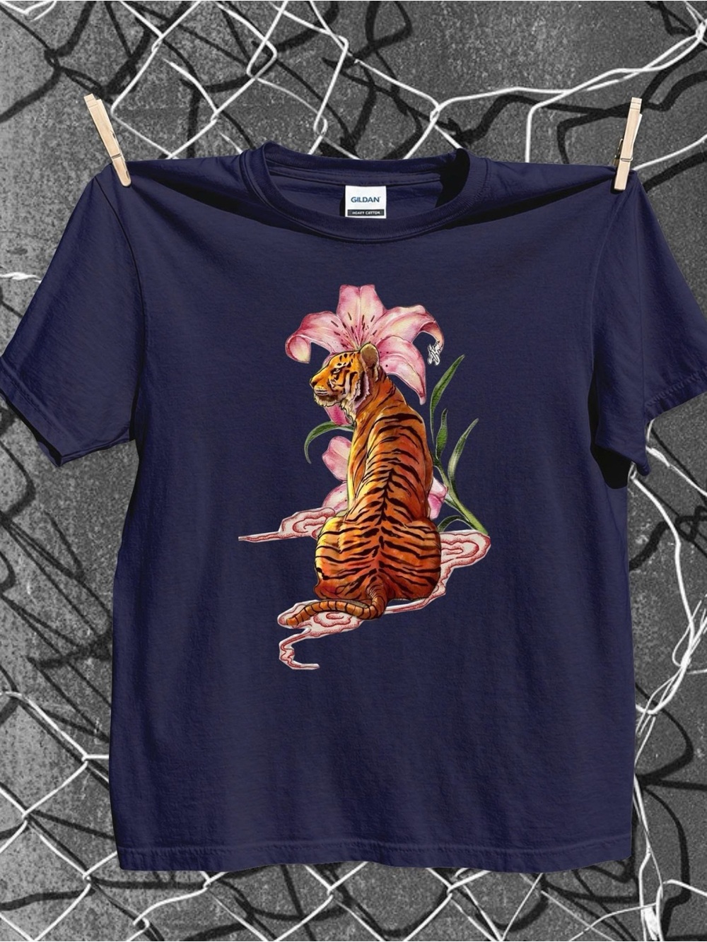 Gildan Navy Tee with Orange Tiger and Pink Lily Art